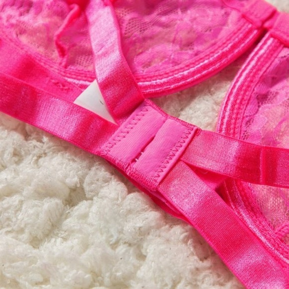Neon Pink Lace Balconette Bralette Lingerie Set - Picture 8 of 15